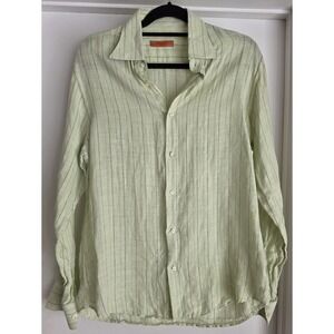 Equilibrio Italia Men's Dress Shirt Green Striped Linen Long Sleeve 42in Chest